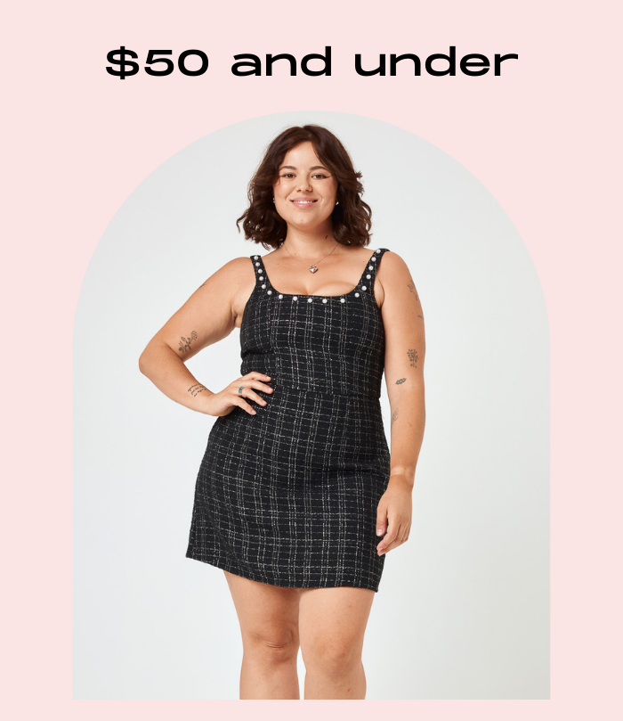 $50 and under, girl with black tweed mini tank dress with pearl neckline detail.