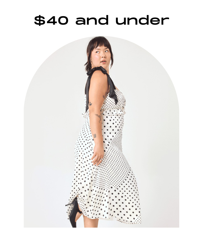 $40 and under, girl in white with dots dress black shoulder tie midi dress