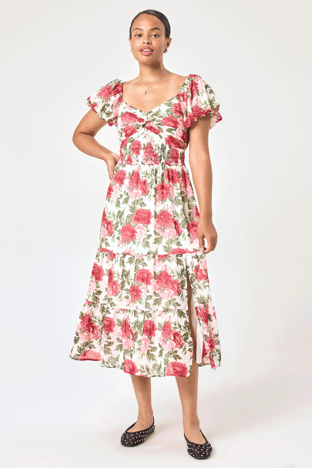 Image of Ivory Floral Puff Sleeve Twist Front Midi Dress