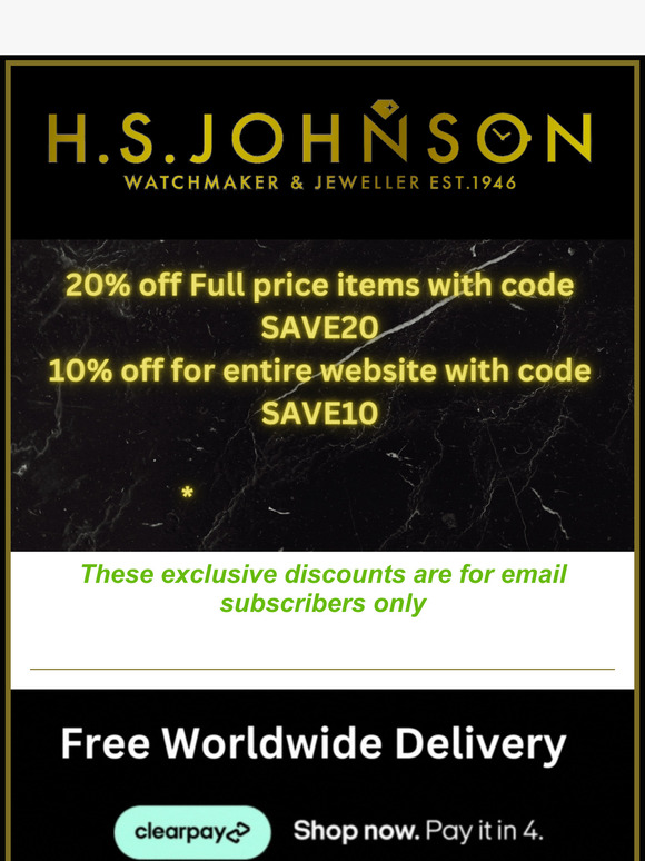 20% off on full price items and 10% off everything on website