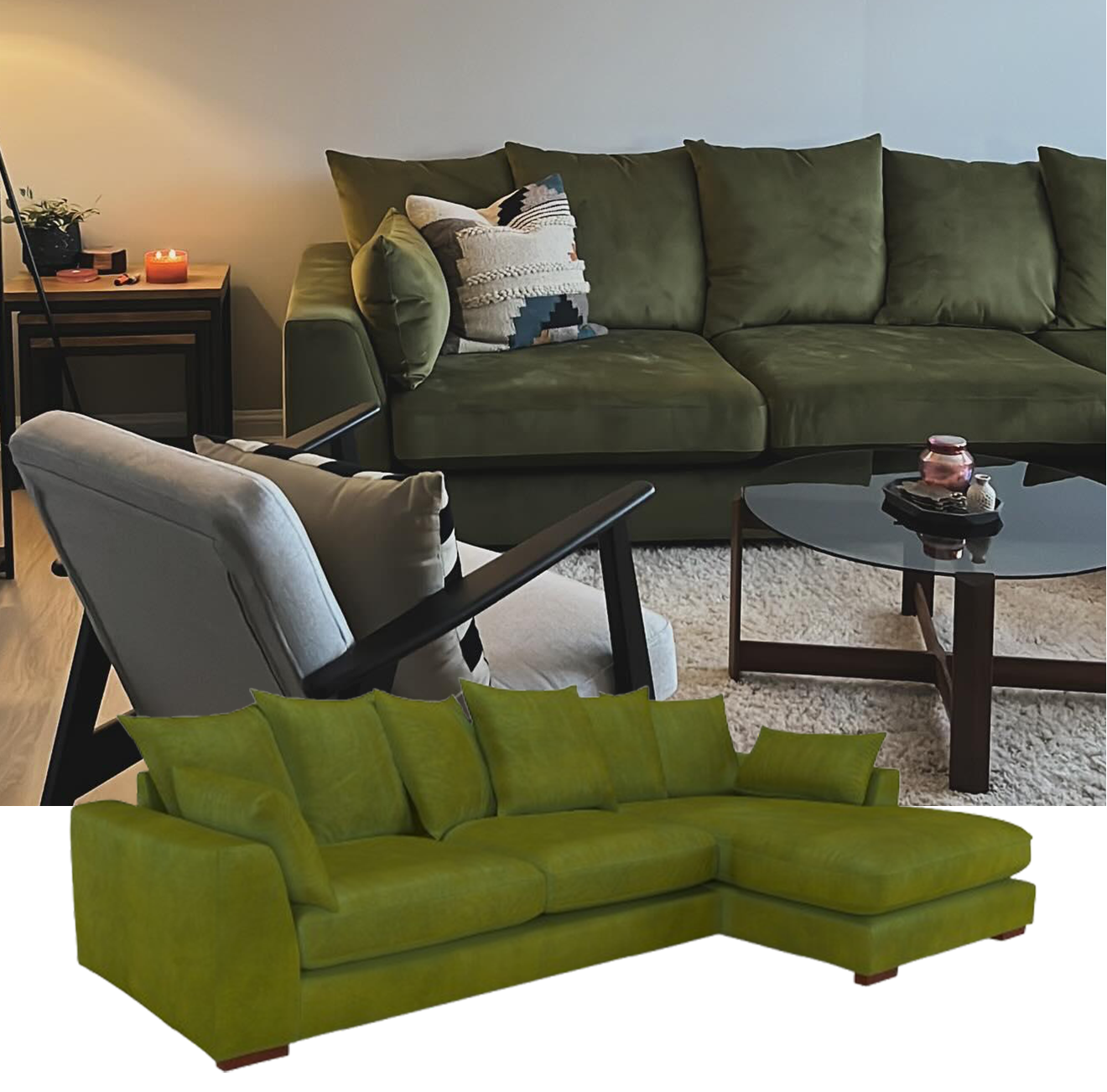 @homeonthemains - Plush Velvet Pillow Back Large Chaise End Sofa