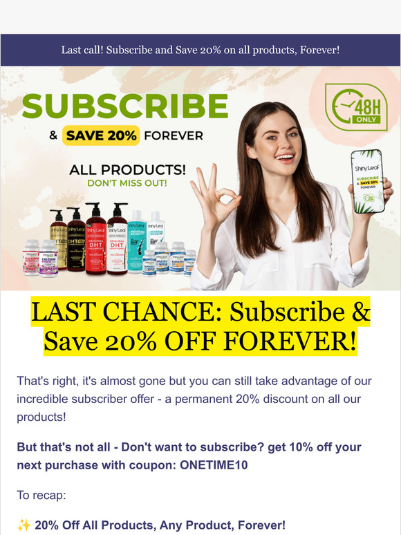 Last Chance: Subscribe & Save 20% Forever + 10% One time