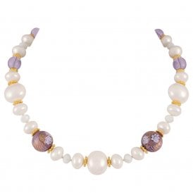 Ferrara Purple Murano Glass and White Shell Pearl Gold Tone Statement Necklace