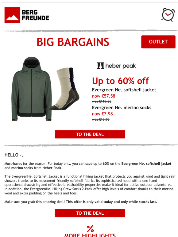 ⏰ Today only: Up to 60% off softshell jackets and merino socks from Heber Peak