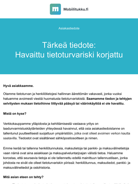 Tärkeä tiedote: Havaittu tietoturvariski korjattu