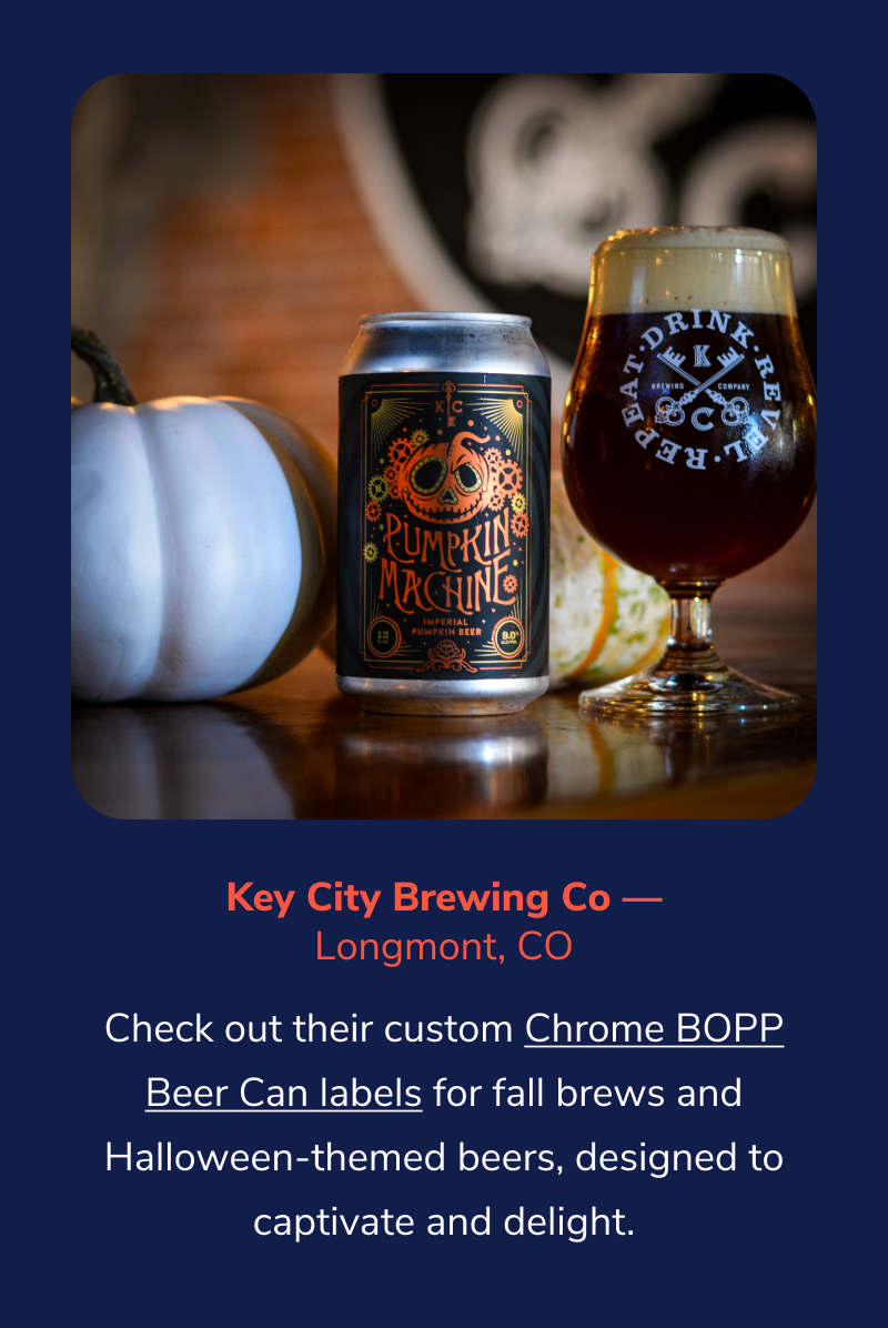 Key City Brewing Co — Longmont, CO | Check out their custom Chrome BOPP Beer Can labels for fall brews and Halloween-themed beers, designed to captivate and delight.