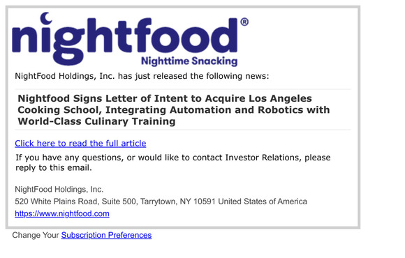 Nightfood Signs Letter of Intent to Acquire Los Angeles Cooking School, Integrating Automation and Robotics with World-Class Culinary Training