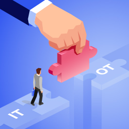 Illustration of a large hand placing a puzzle piece onto a path connecting IT and OT, symbolizing the importance of these technologies working together.
