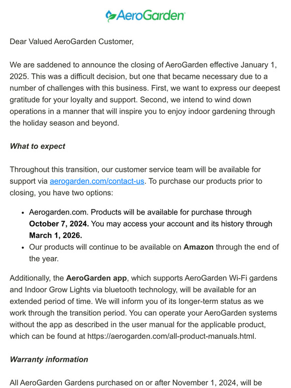 Important AeroGarden business announcement