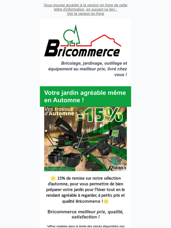 15% de remise sur votre matériel de jardinage d'automne, composteurs, balais à feuilles, broyeur de végétaux...