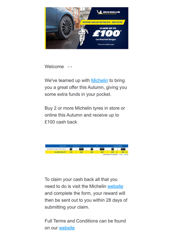 Claim up to £100 cash back with Michelin tyres!    — —