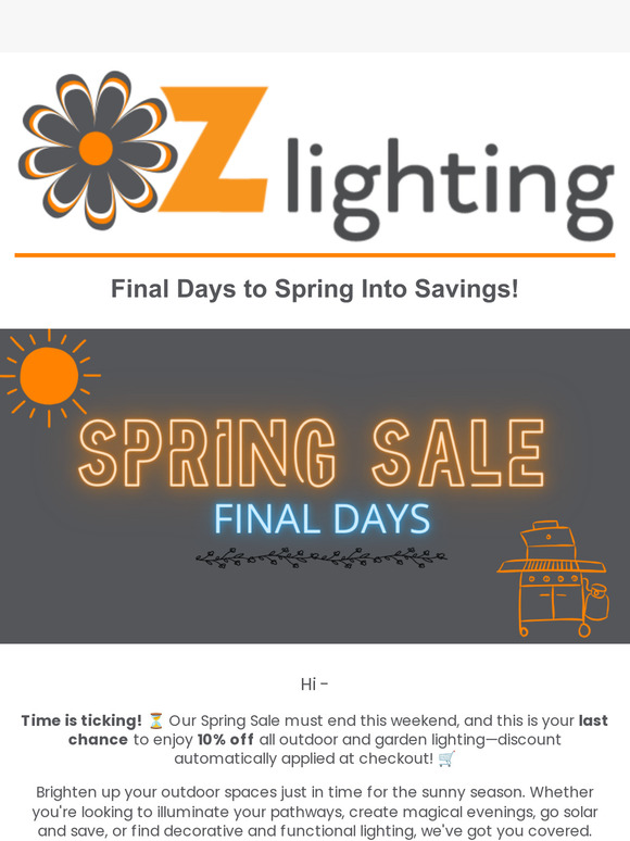 ⏰ Last Chance! Spring Sale Ends This Weekend—10% Off Outdoor Lighting 🌿