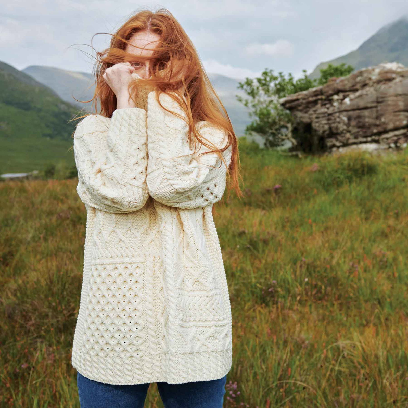 Image of Oversized Patchwork Aran Knit Sweater- Cream