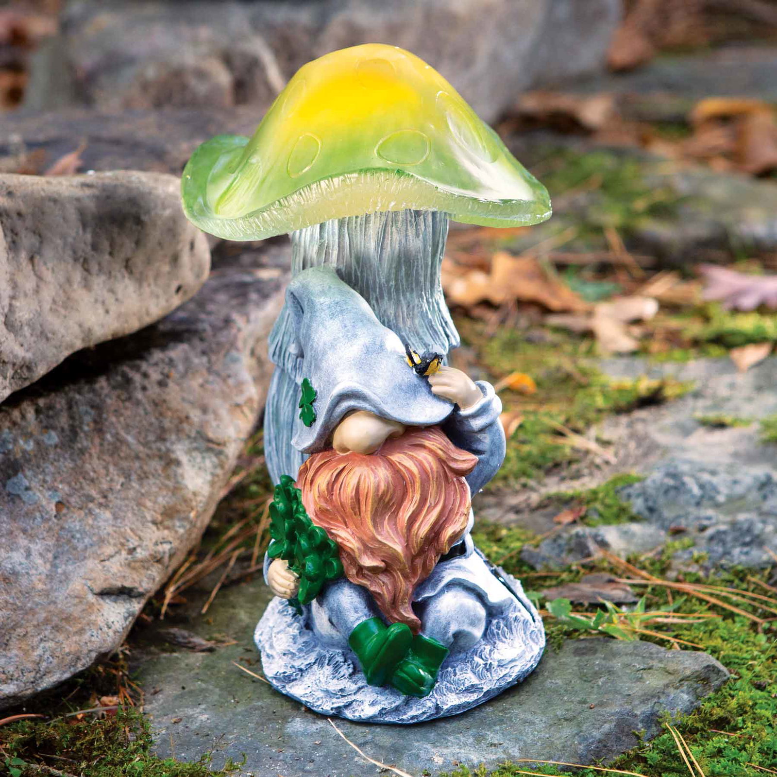 Image of Leprechaun Gnome Under Mushroom- Solar Garden Statue