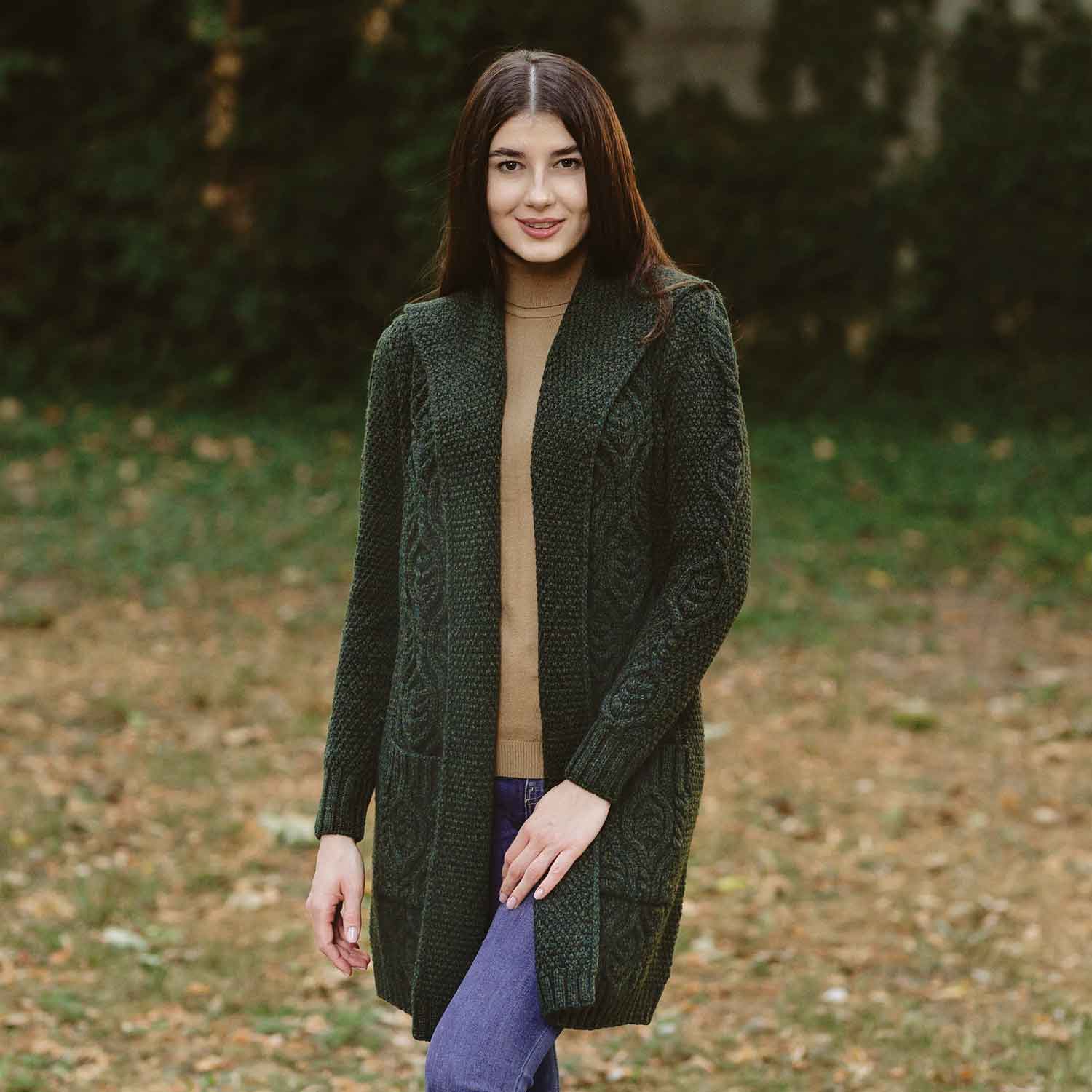 Image of Women's Aran Knit Hooded Long Cardigan, Army Green