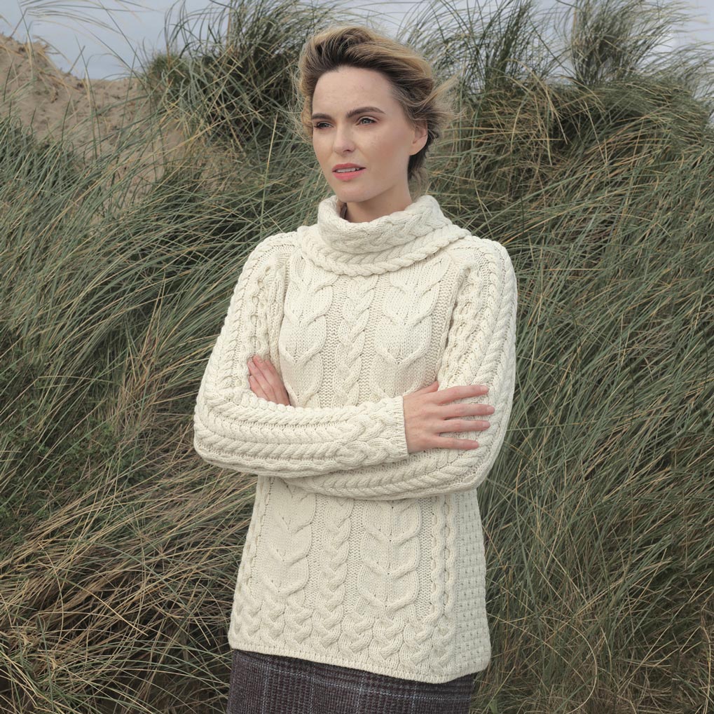 Image of Roll Neck Aran Knit Sweater- Cream