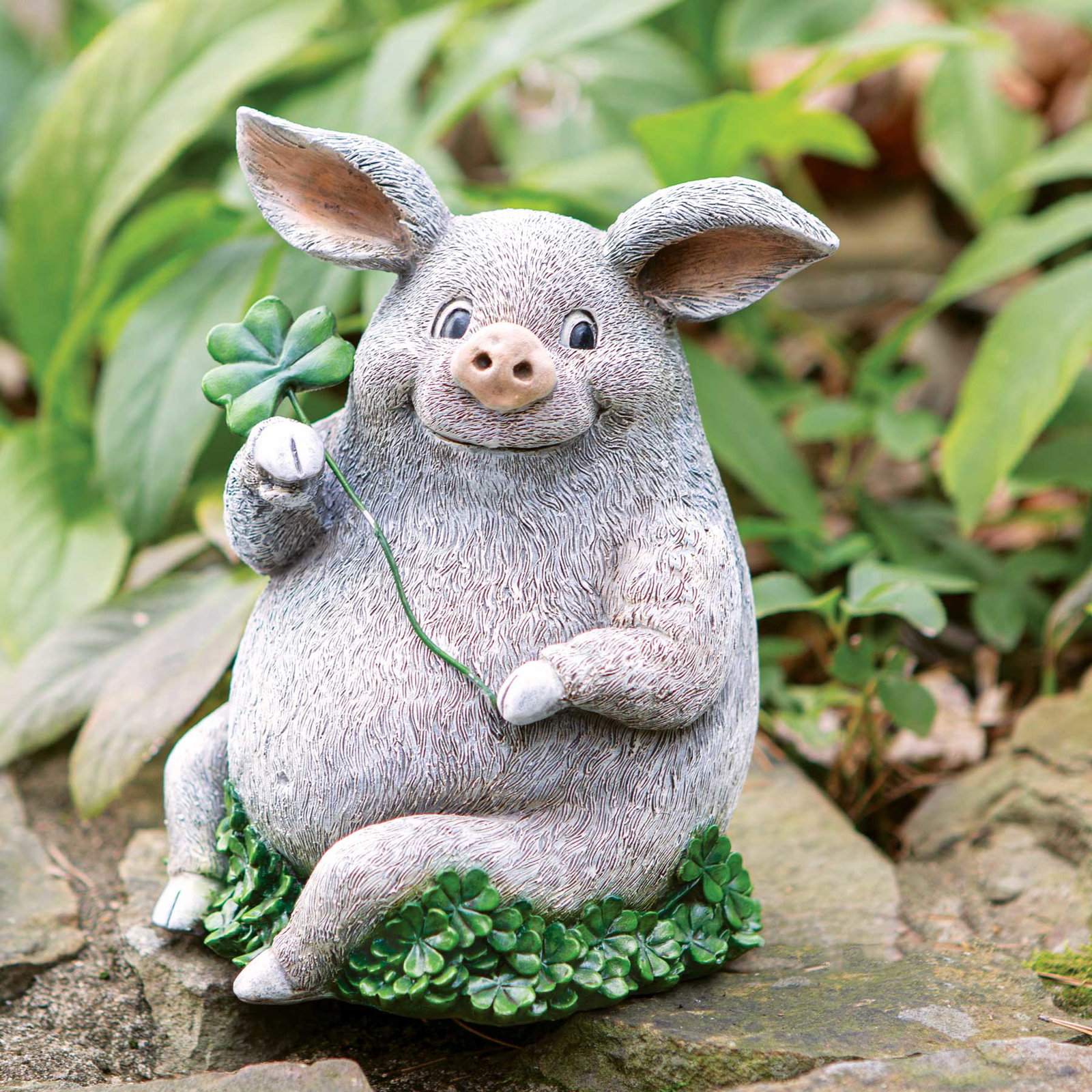 Image of Pig Holding Shamrocks Garden Statue