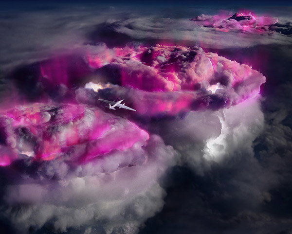 An illustration of an aircraft flying above thunderclouds illuminated in purple to visualize gamma-ray glows.