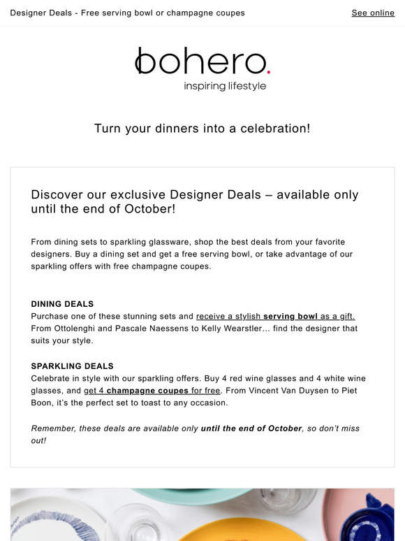 Designer Deals - Free serving bowl or champagne coupes