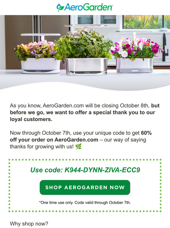 AeroGarden.com Closing Soon – 60% Off code inside!