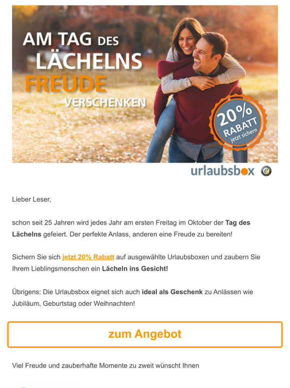 😊 Am Tag des Lächelns 20% Rabatt auf zauberhafte Kurzurlaube sichern! 😊