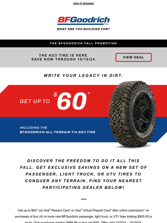Unlock up to $60* in savings on All-Terrain T/A KO3 tires.