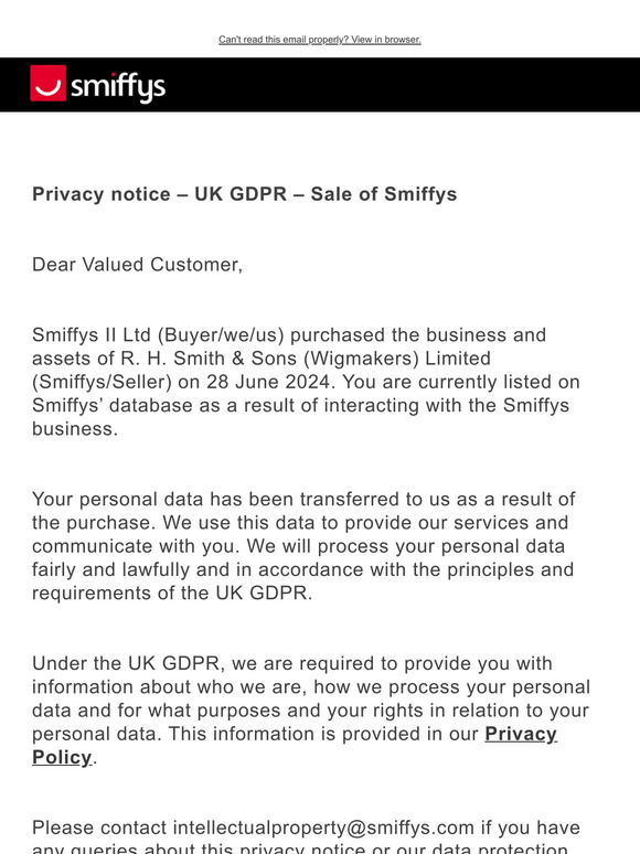 Sale of Smiffys – Privacy notice – UK GDPR