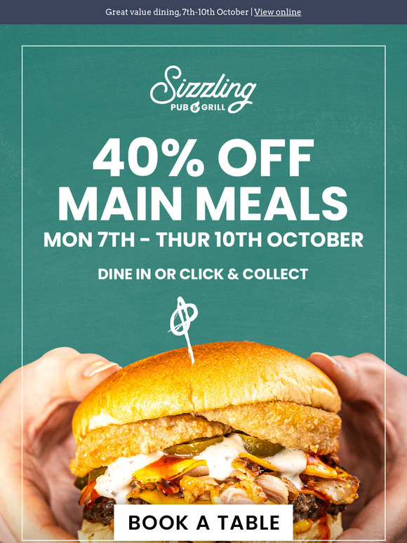 Coming in HOT —...40% off main meals! 🍽