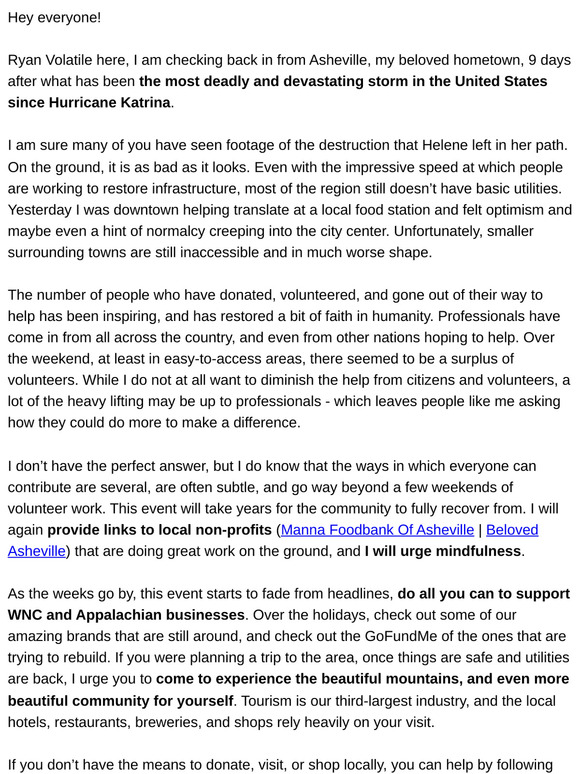 Notes from Asheville, NC after Hurricane Helene including updates and ways to contribute
