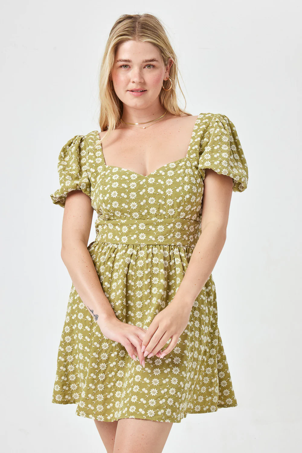 Image of Green Embroidered Puff Sleeve Dress