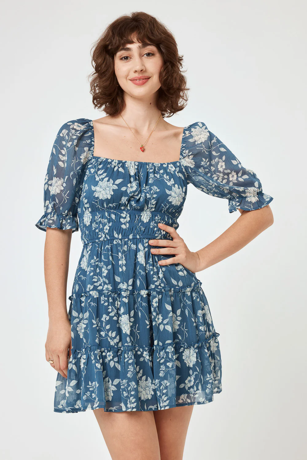 Image of Midnight Blue Floral Ruched Waist Tier Dress