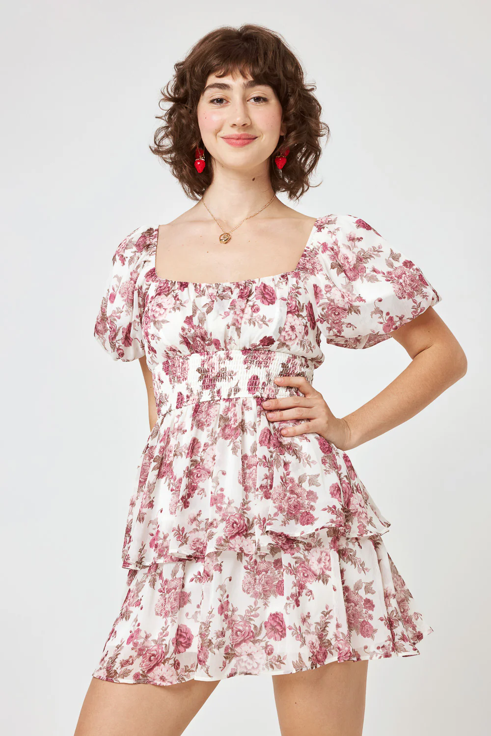 Image of White Pink Floral Smocked Tier Dress