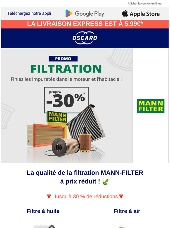 Jusqu'à -30 % sur toute la filtration Mann-Filter !