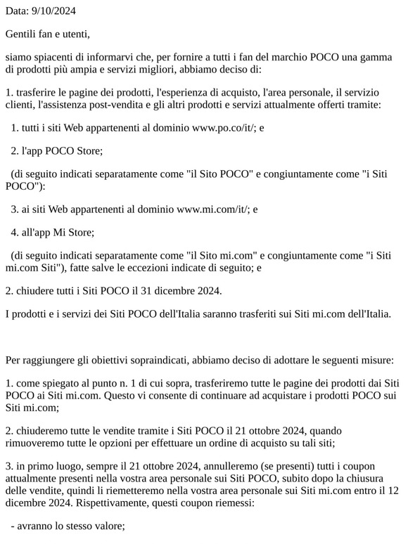 Avviso di chiusura dei Siti POCO