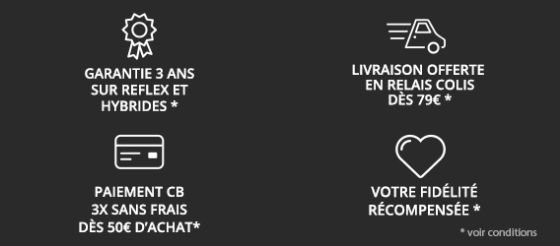 Garantie 3 ans sur les boitiers hybrides et reflex, paiement en plusieurs fois via Alma, Livraison offerte en relais colissimo dès 100 €