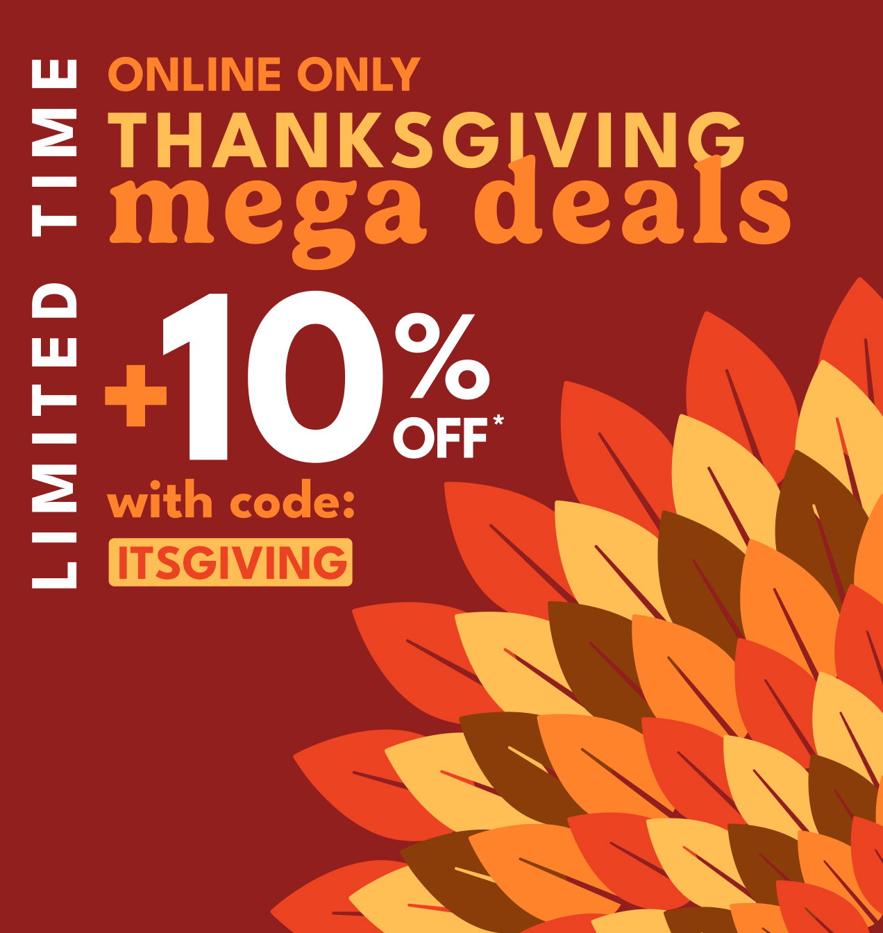 LIMITED TIME | ONLINE ONLY | THANKSGIVING mega deals | +10% OFF* with code: ITSGIVING