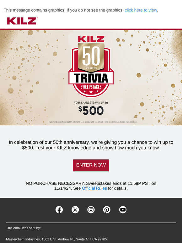 Enter the KILZ 50th Trivia Sweepstakes