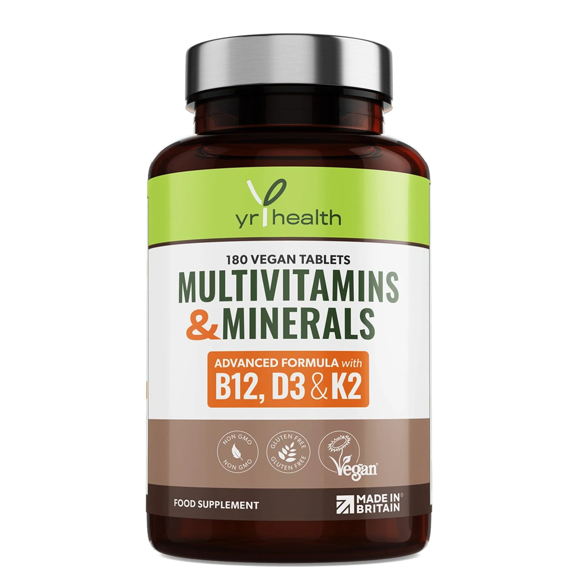 Image of Advanced Vegan Multivitamins & Minerals High in B12, D3 with Added Vitamin K2 - 180 Tablets