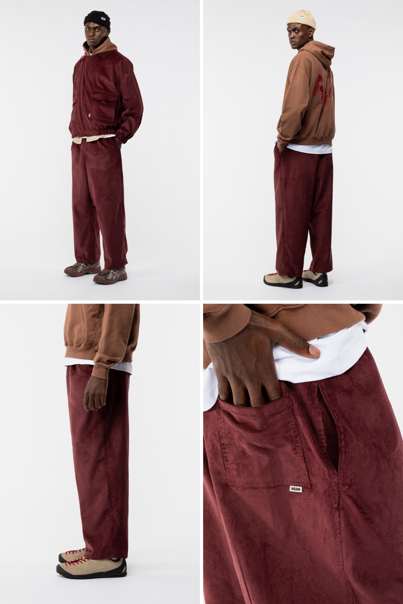 model wearing luxe cord Zama pants in autumnal berry