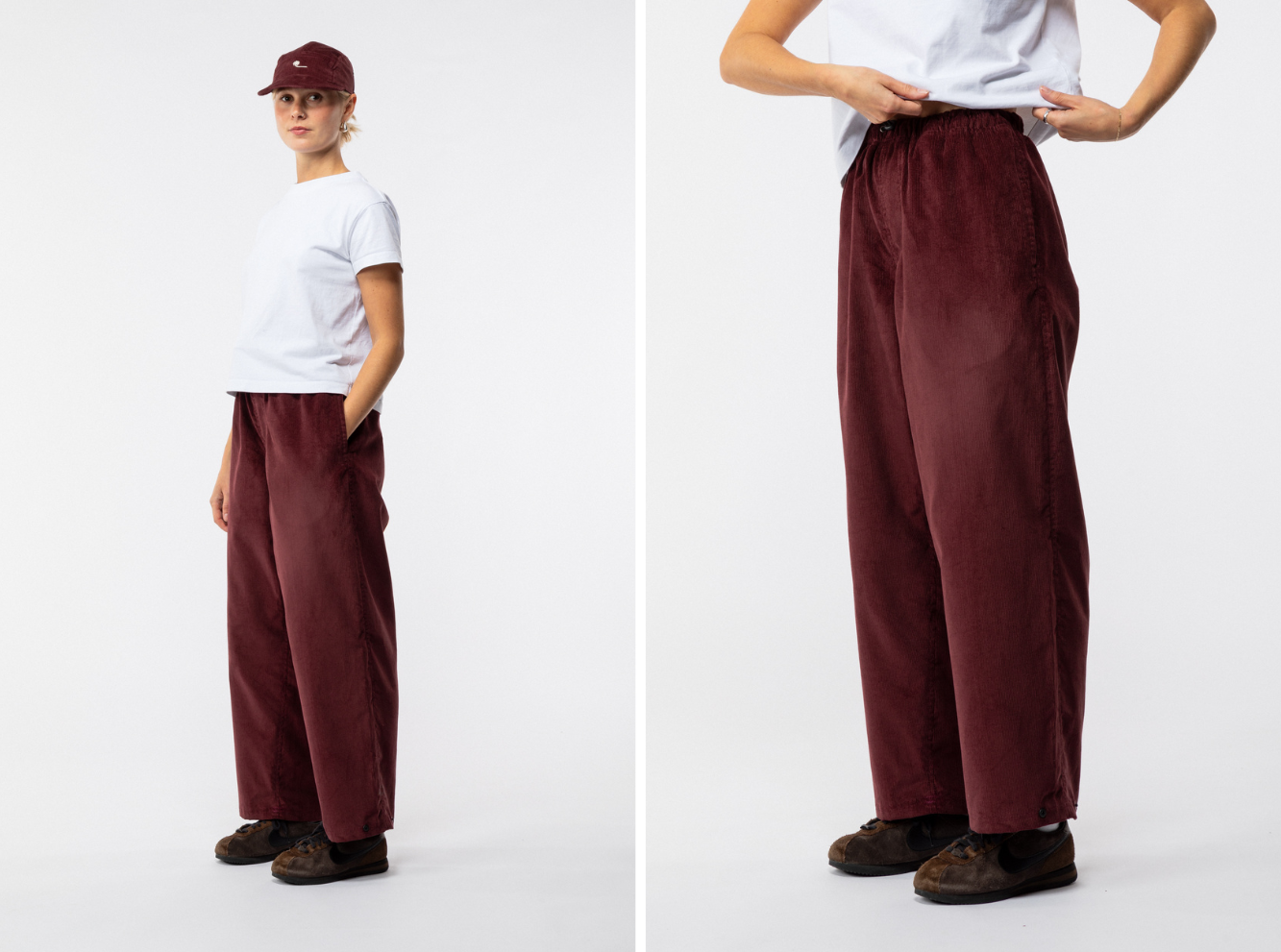 model wearing luxe cord Zama pants in berry