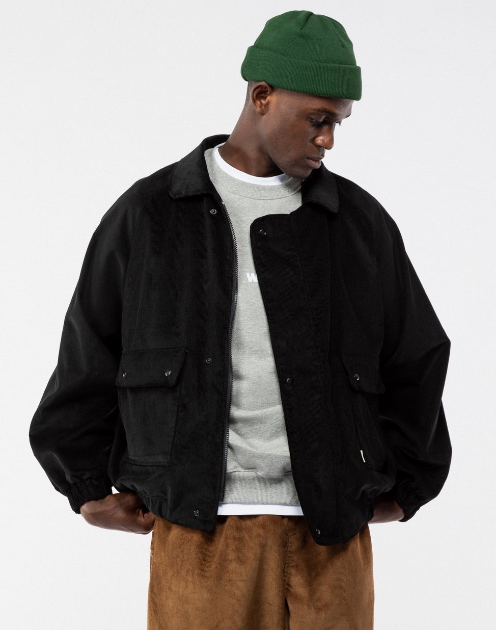 Model wearing WAWWA Cord Lee Jacket