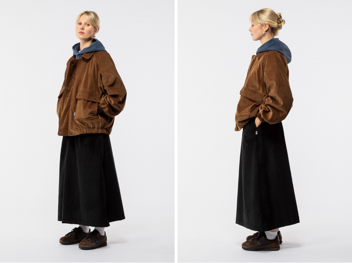 model wearing cord A line skirt