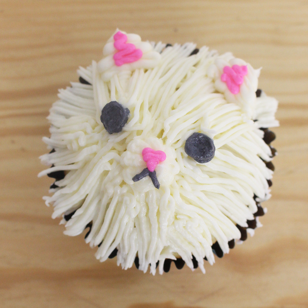 a cat cupcake with white icing and sprinkles
