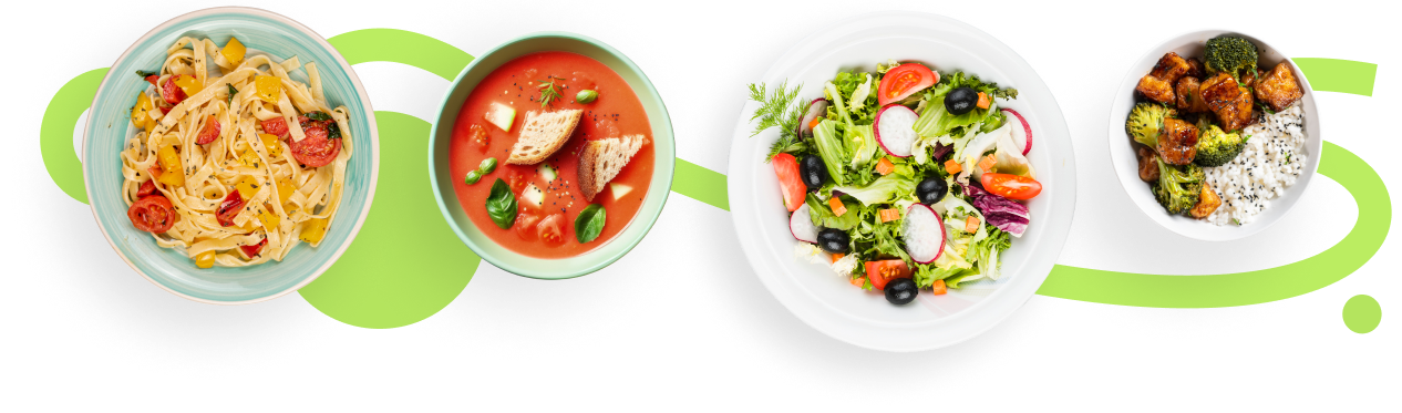Four bowls of different kinds of food like pasta, tomato soup, salad, and rice and veggies.