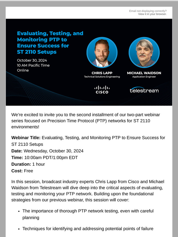 [Webinar October 30] Evaluating, Testing, and Monitoring PTP for ST 2110 Setups
