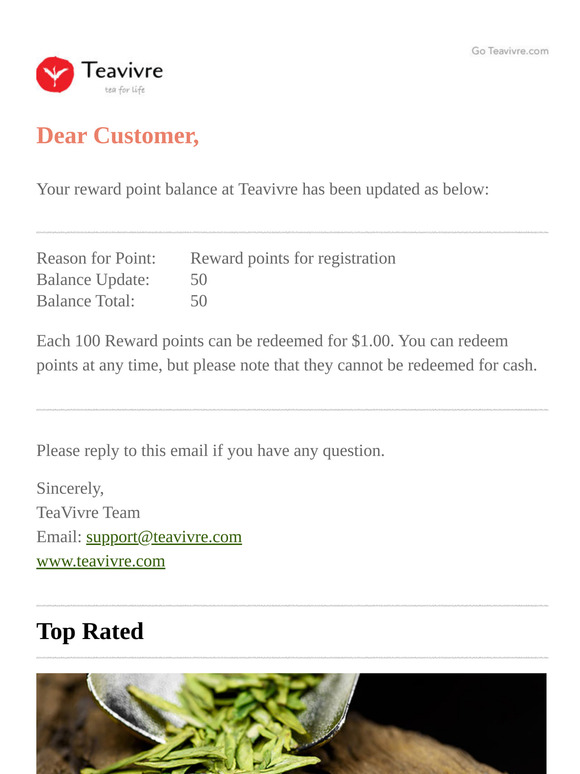 Your reward point balance at ‏TeaVivre has been updated