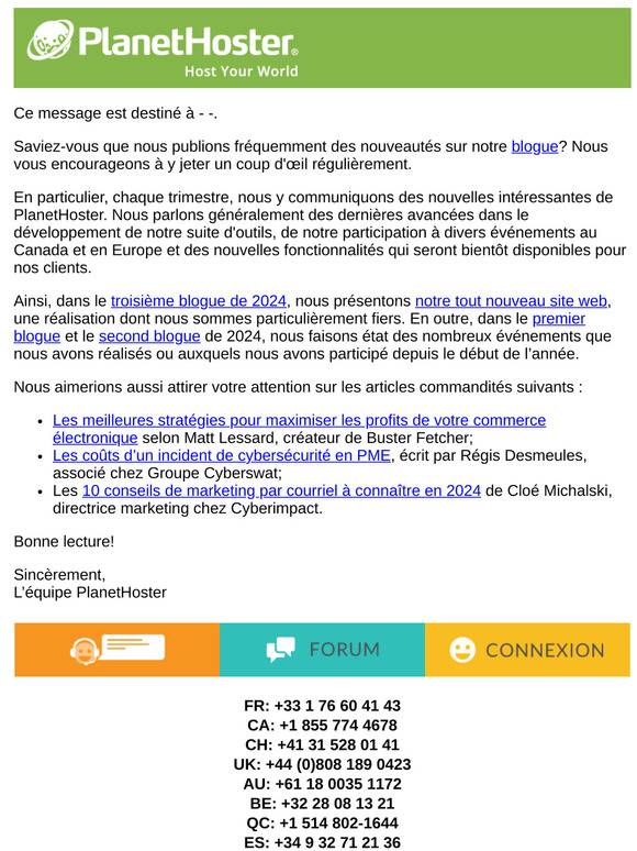 PlanetHoster - Votre Infolettre Q3 2024 – Blogue et Actualités