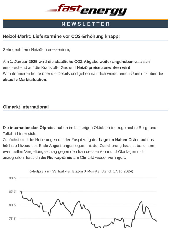 Heizöl-Markt: Liefertermine vor CO2-Erhöhung knapp!