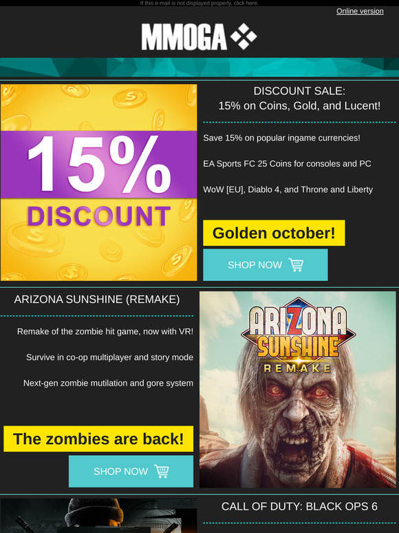 MMOGA - 15% discount on Gold & Coins! Arizona Sunshine Remake! CoD - Black Ops 6!