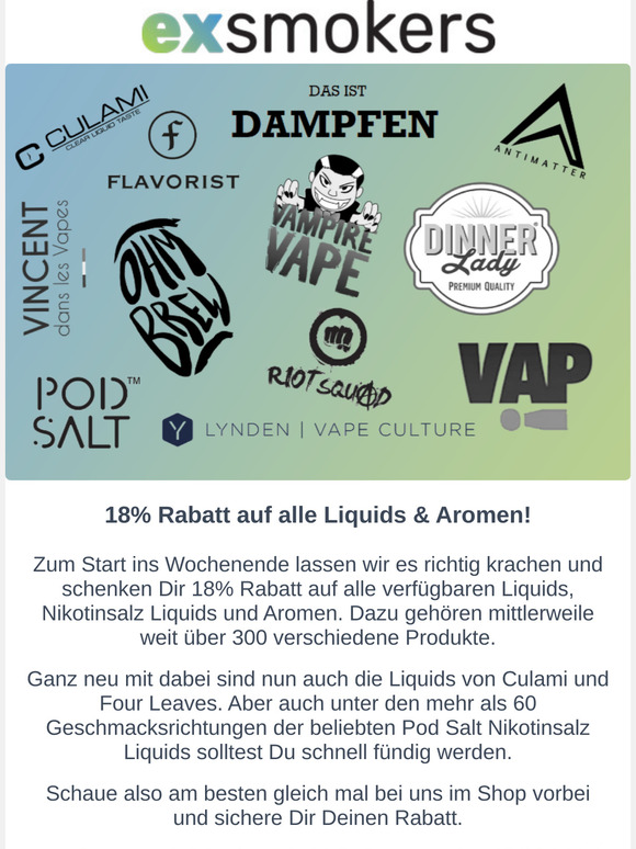 18% Rabatt auf alle Liquids und Aromen
